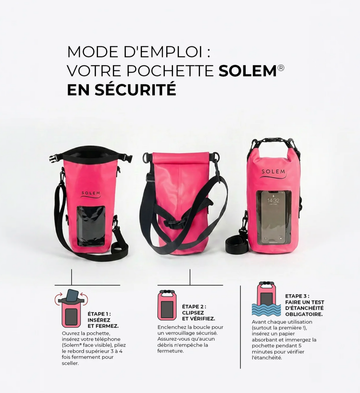 Pochette étanche SOLEM pour cellulaire – Rose vif + serviette gratuite