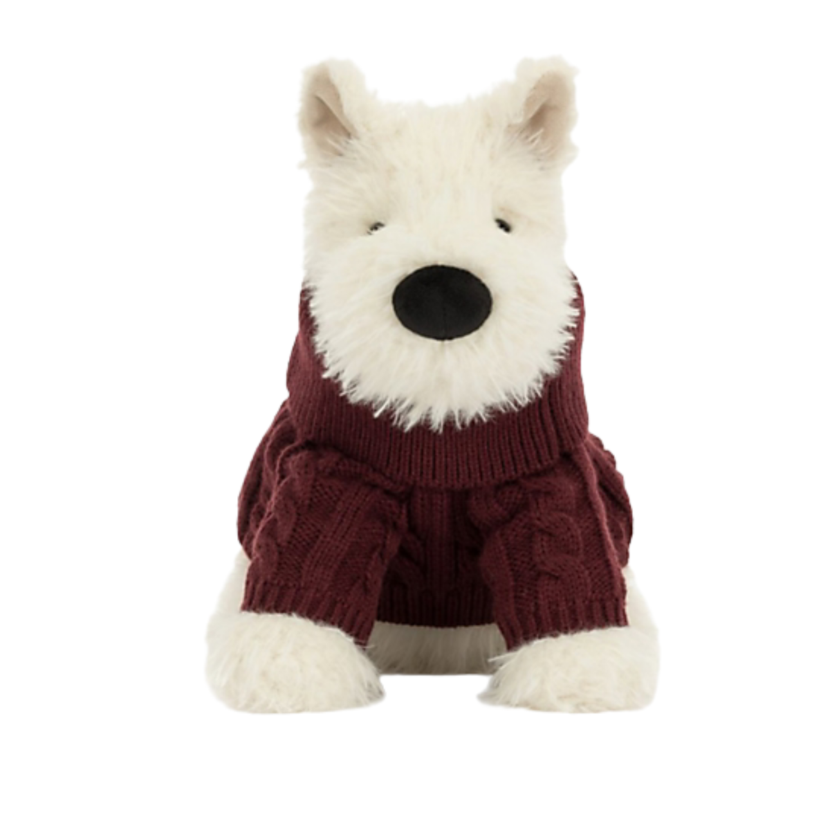 Peluche chien blanc Jellycat portant un chandail bordeaux d’hiver