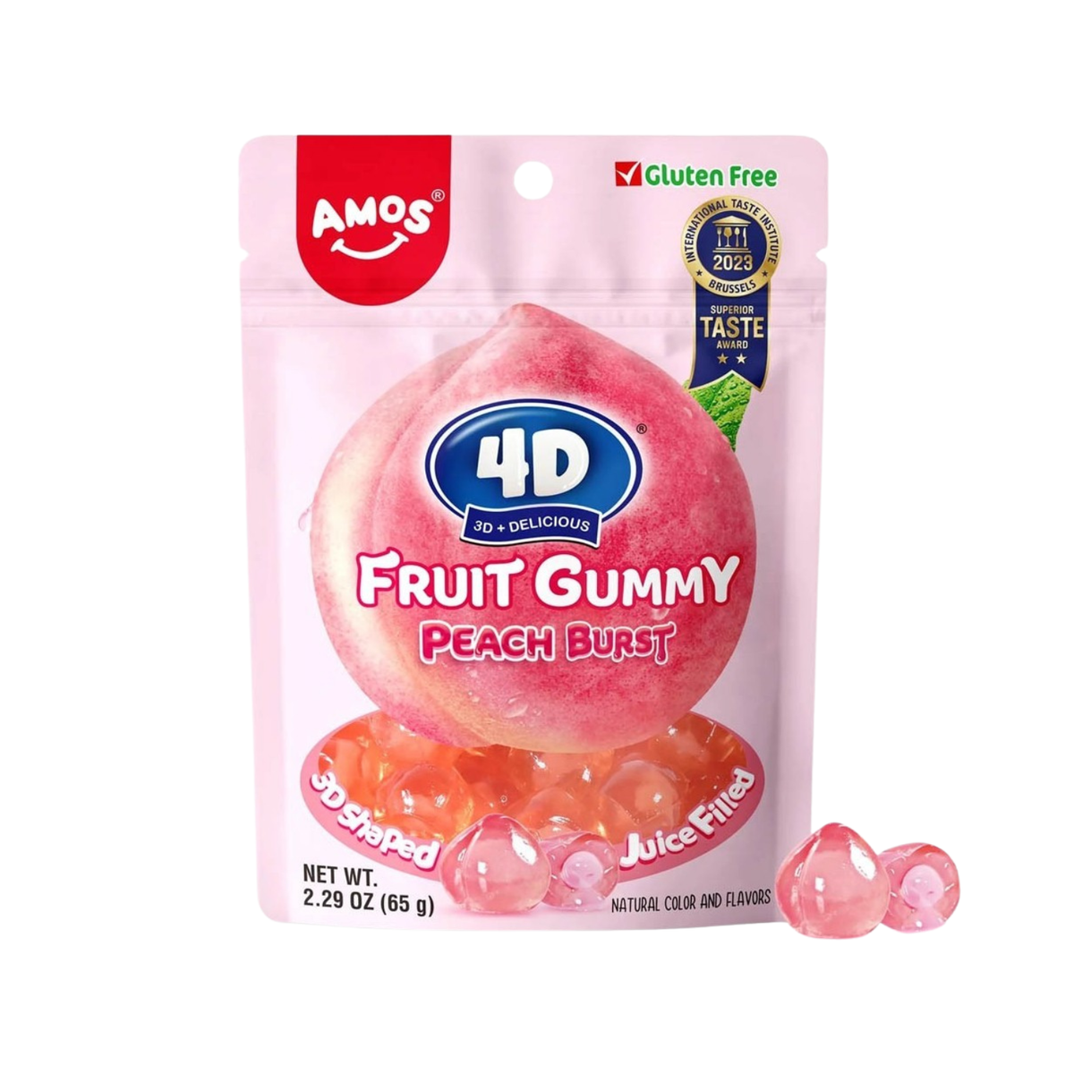 AMOS 4D Peach Burst – Bonbons gélifiés fourrés à la pêche, 65 g