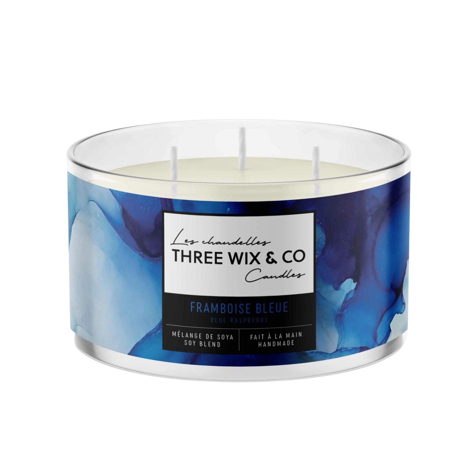 Three Wix & Co – Chandelle 3 mèches framboise bleue (Blue Raspberry) – Mélange soya, fait à la main