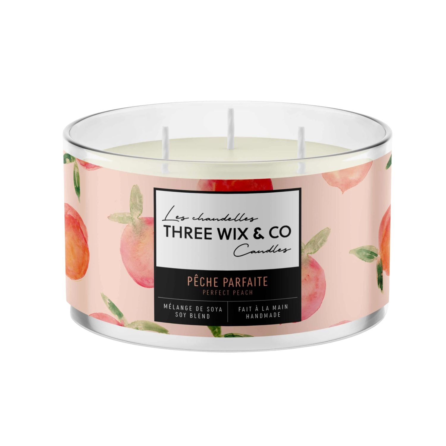 Three Wix & Co – Chandelle 3 mèches pêche parfaite (Perfect Peach) – Mélange de soya, fait à la main
