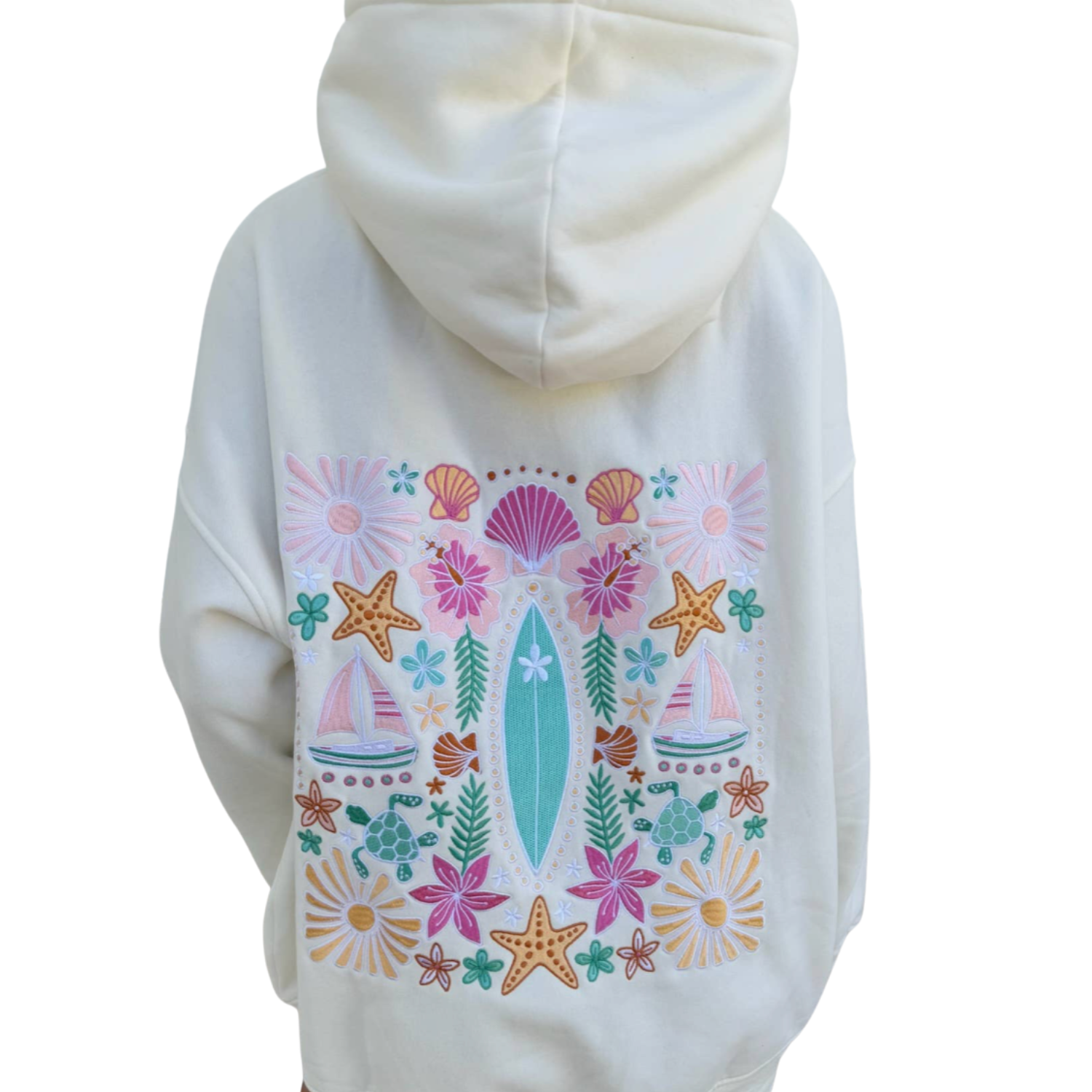 Sweat à capuche brodé – Planche de surf florale | crème perle