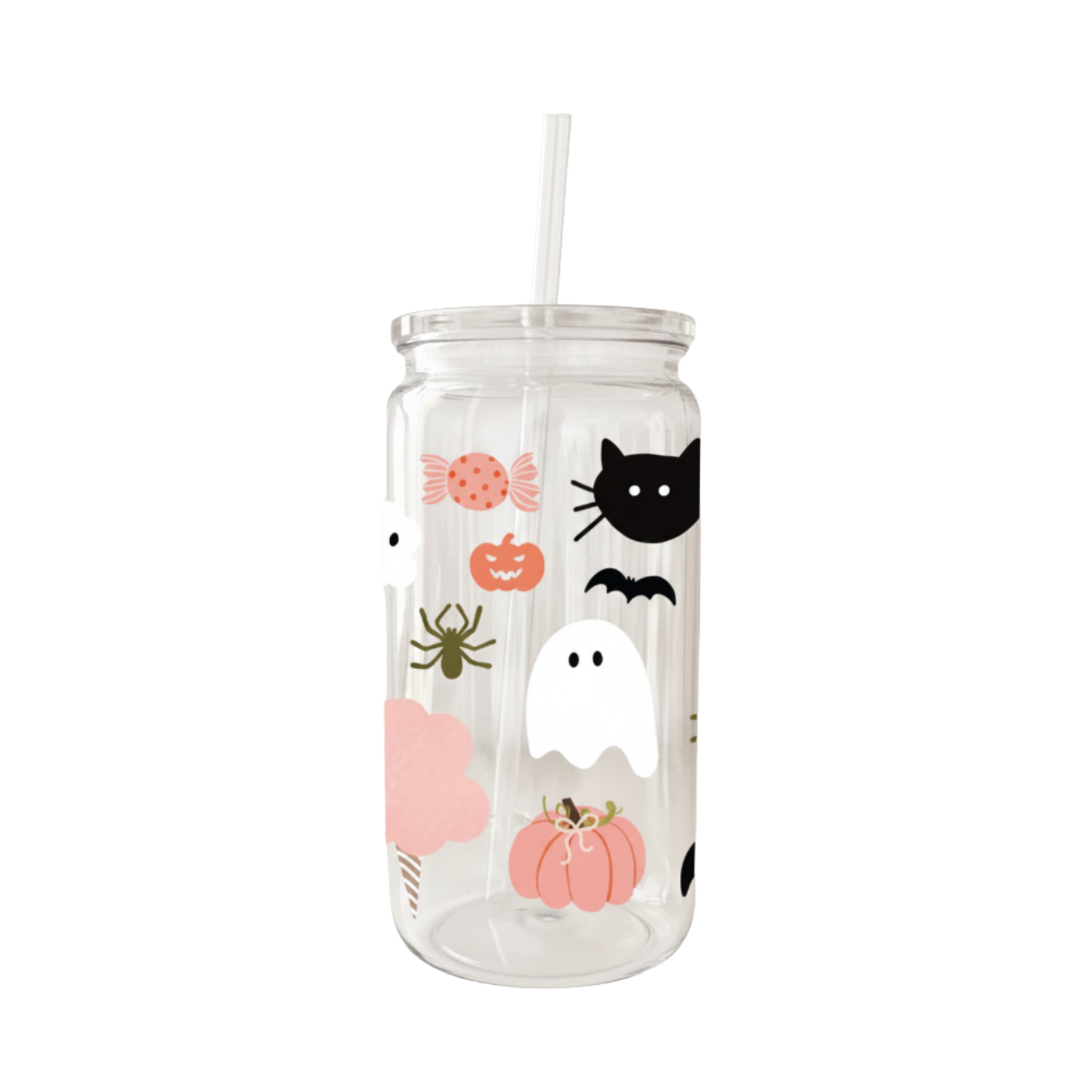 Verre en Plastique Halloween 16 oz — Fantôme, Chat Noir & Citrouille | Couvercle Clair & Paille