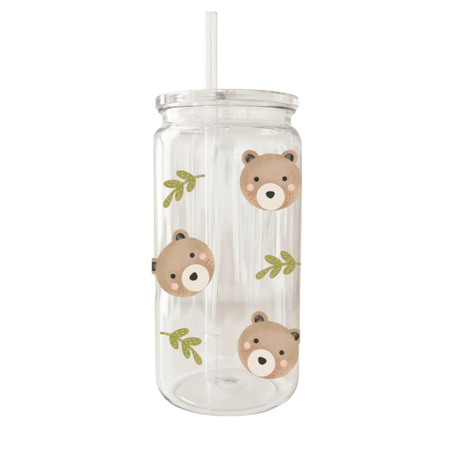 Verre en Plastique Oursons 16 oz — Petits Ours & Feuilles | Couvercle Clair & Paille