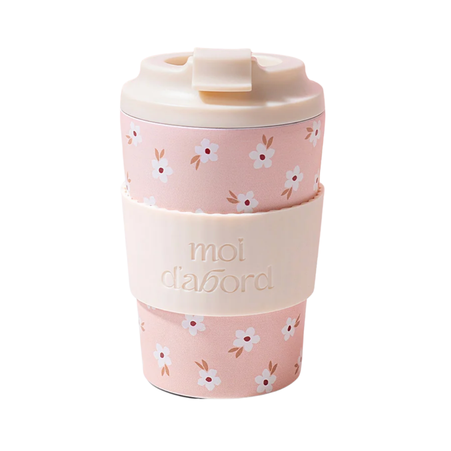 Tasse de Voyage « Moi D’Abord » — Fleurs Blanches sur Rose