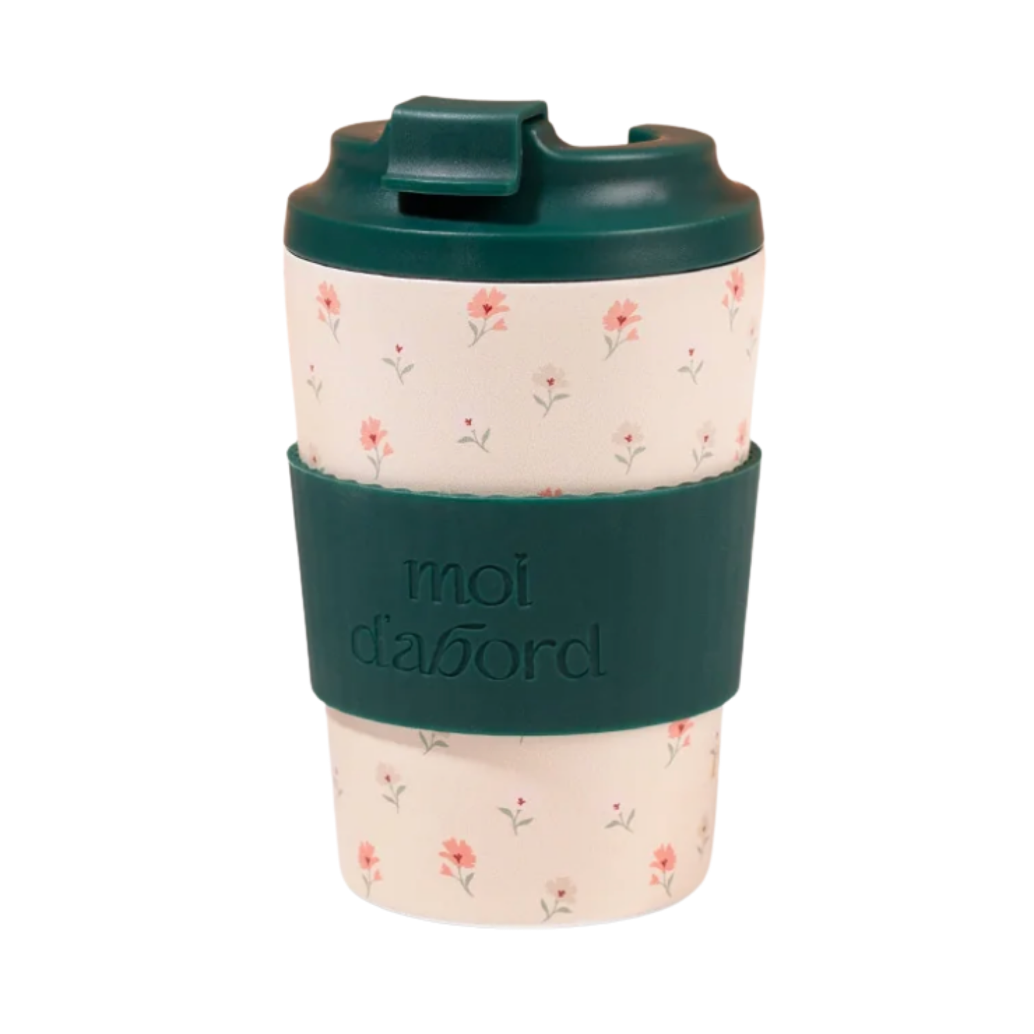 Tasse de Voyage « Moi D’Abord » Douceur Fleurie — Fleurs Roses & Vert Forêt
