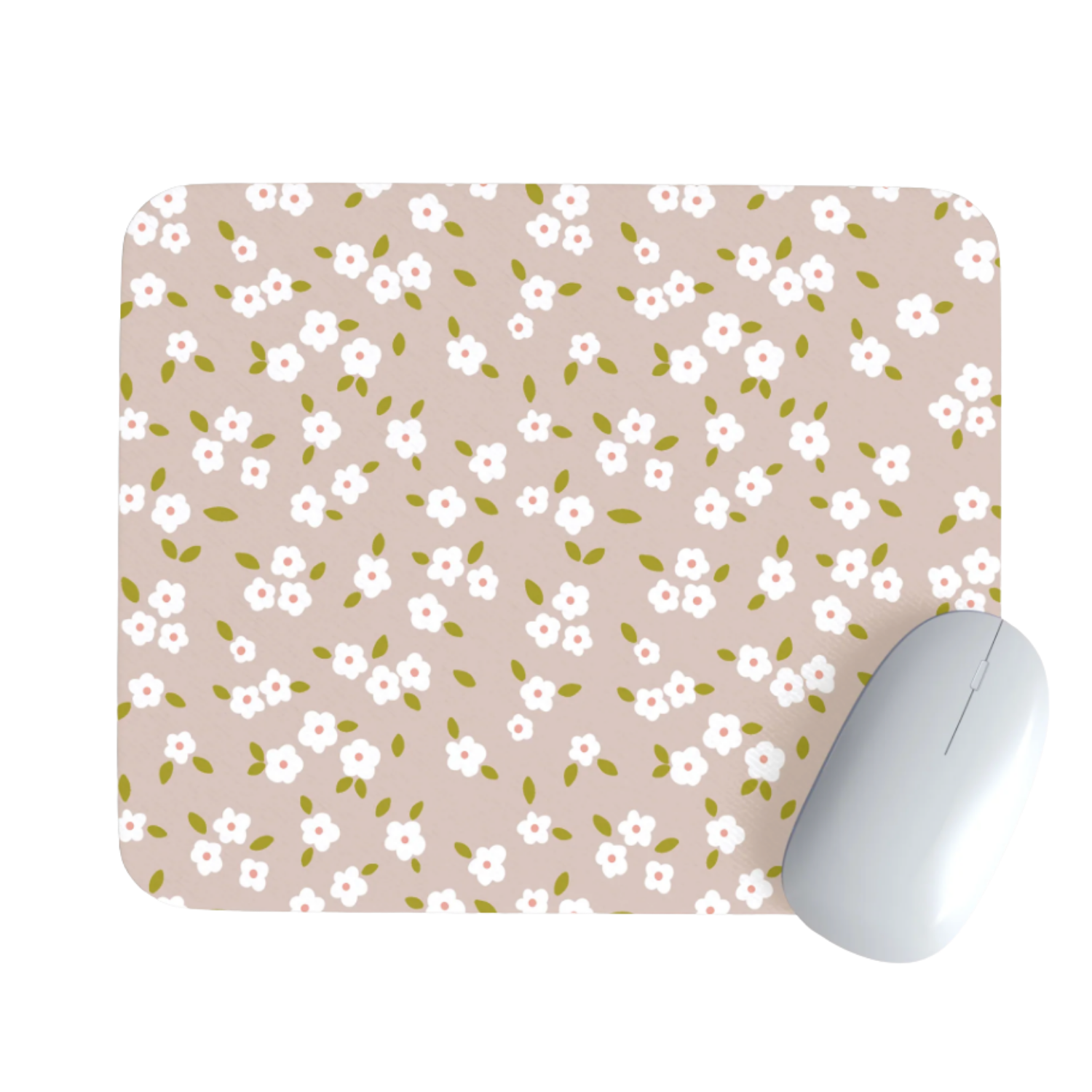 Tapis de Souris Bloom Blanc — Fleurs Blanches & Feuilles Vert Olive sur Grège | Bureau Girly