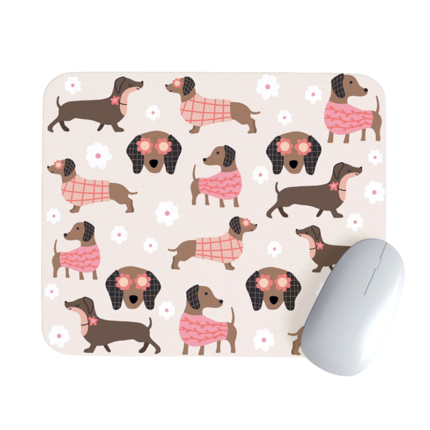 Tapis de Souris Teckels — Saucisses Fashion en Pull Rose & Lunettes Fleuries | Bureau Girly