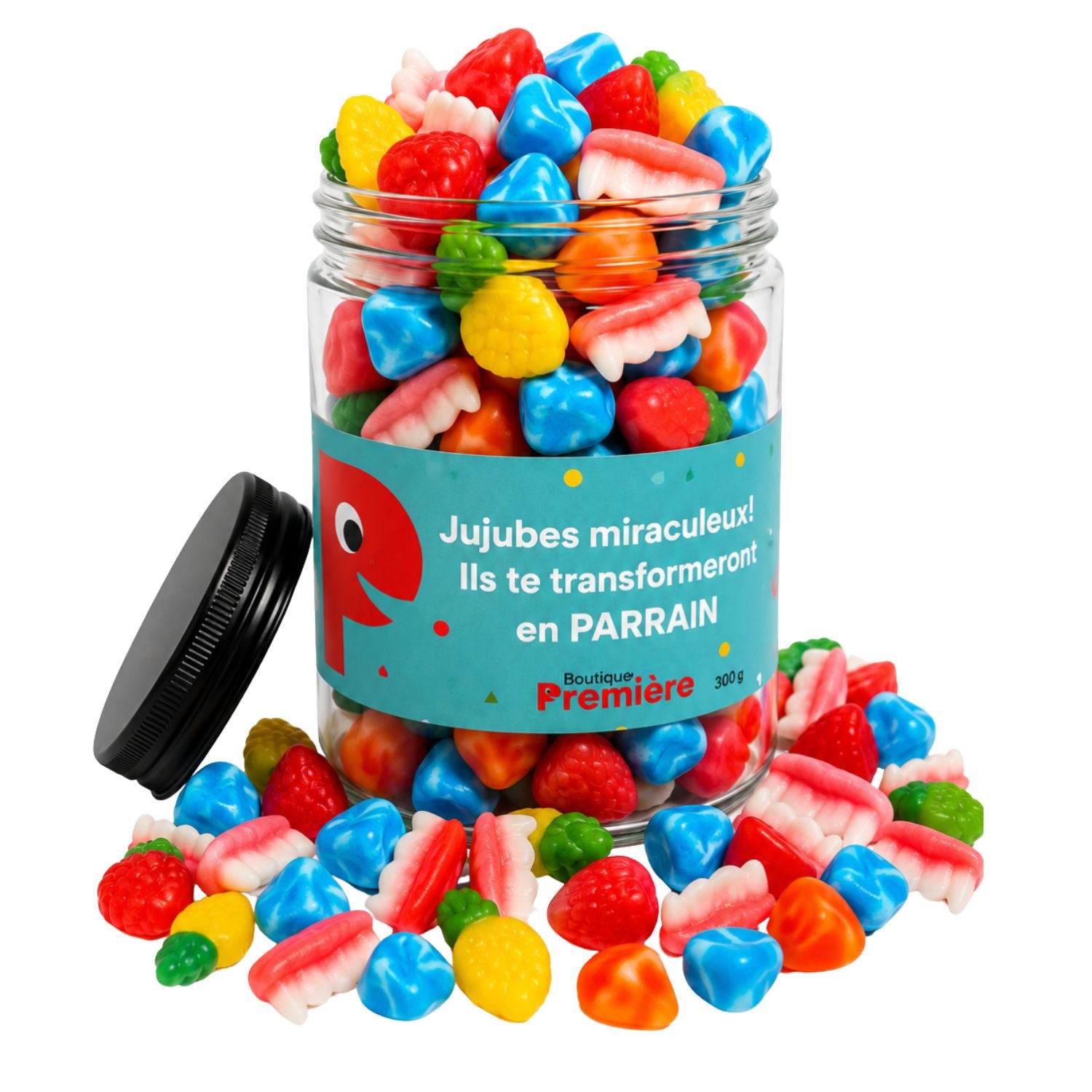 Confection « Jujubes miraculeux – ils te transformeront en parrain » – Pot de Bonbons Réutilisable