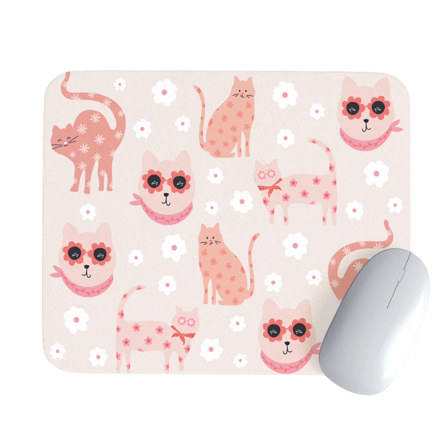 Tapis de Souris Chats Fashion — Chatons Roses, Lunettes Fleuries & Marguerites | Bureau Girly