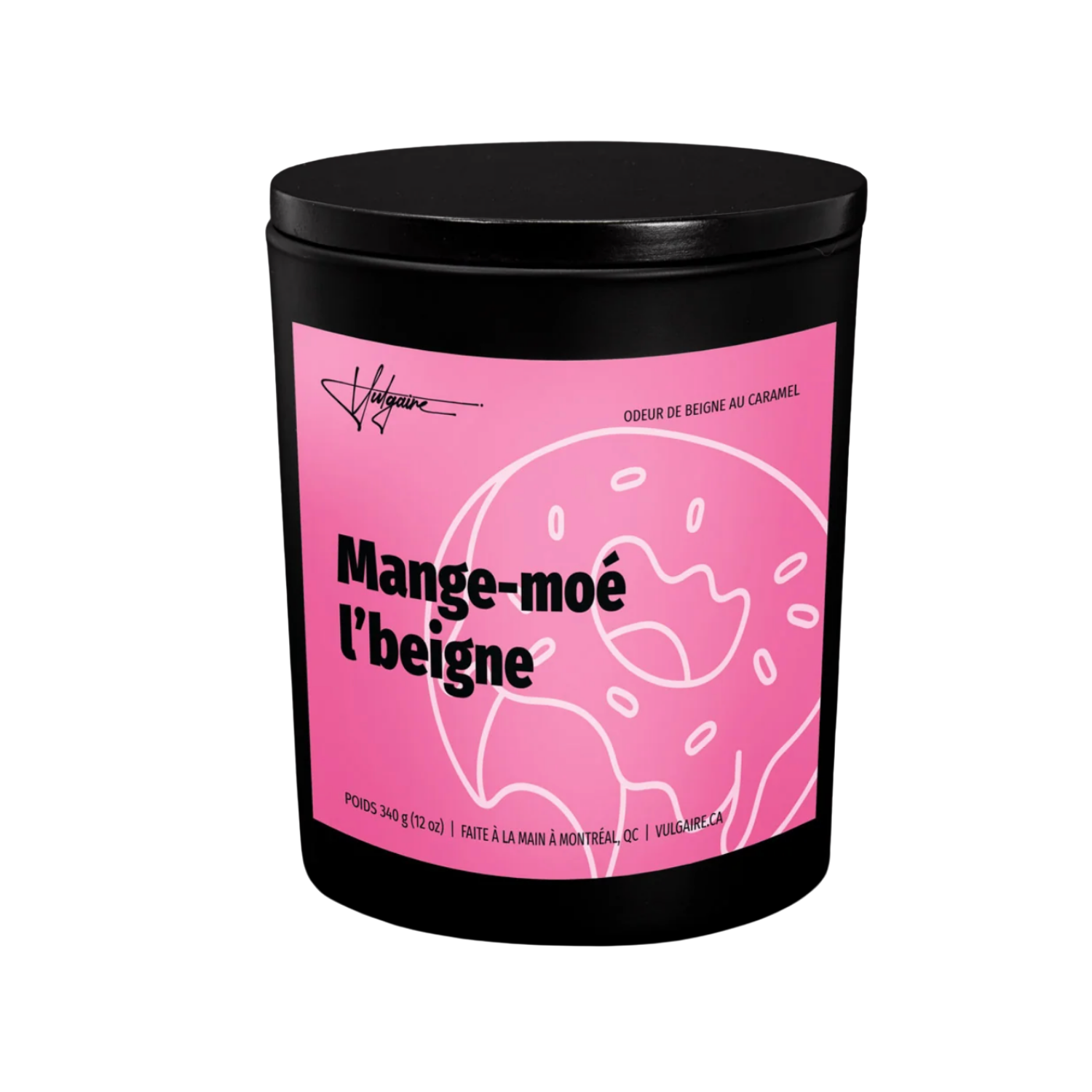 Bougie Mange-moé l’beigne — Odeur Beigne au Caramel | 340g | Vulgaire | Fait main à Montréal