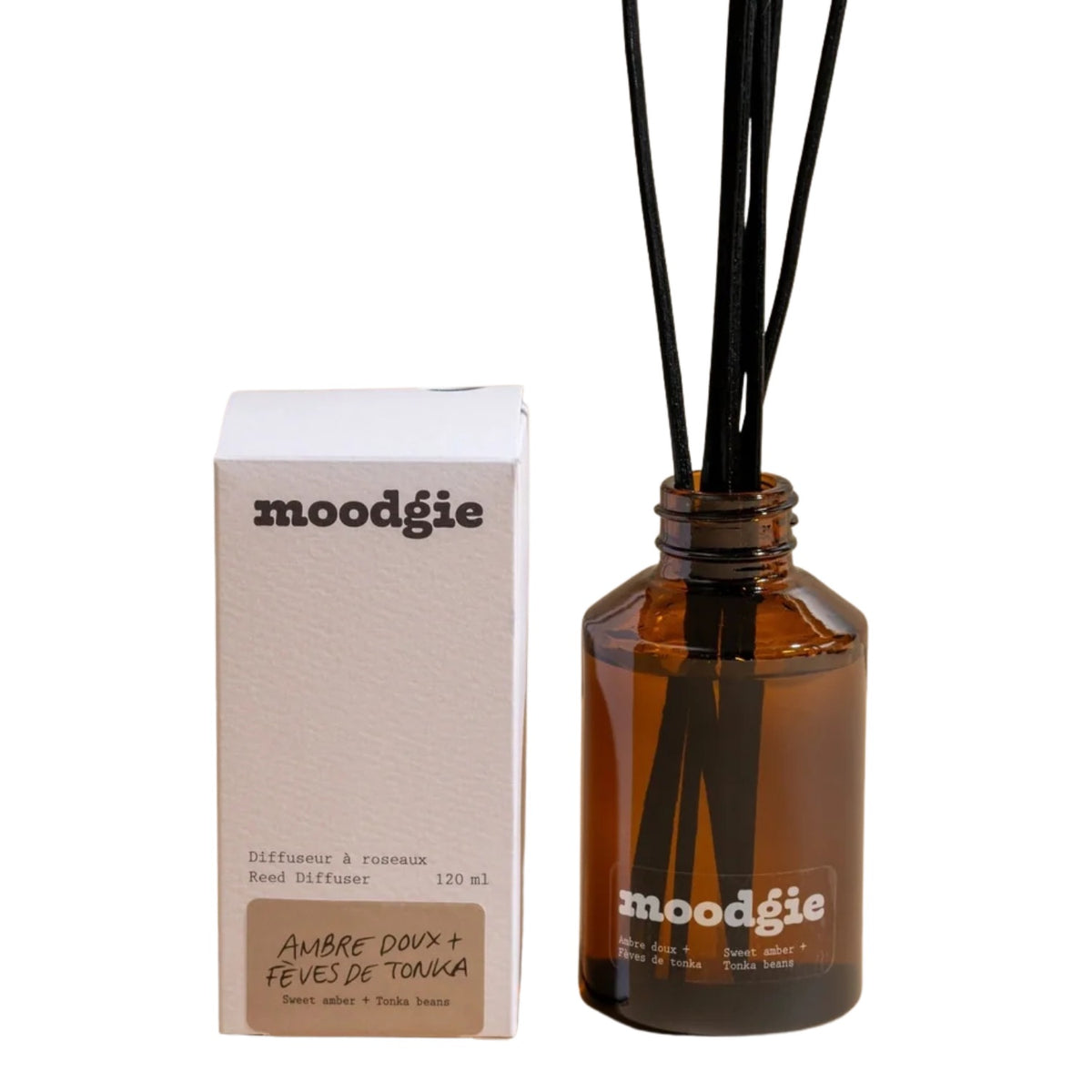 Moodgie – Diffuseur à roseaux Ambre doux + Fèves de tonka – 120 ml