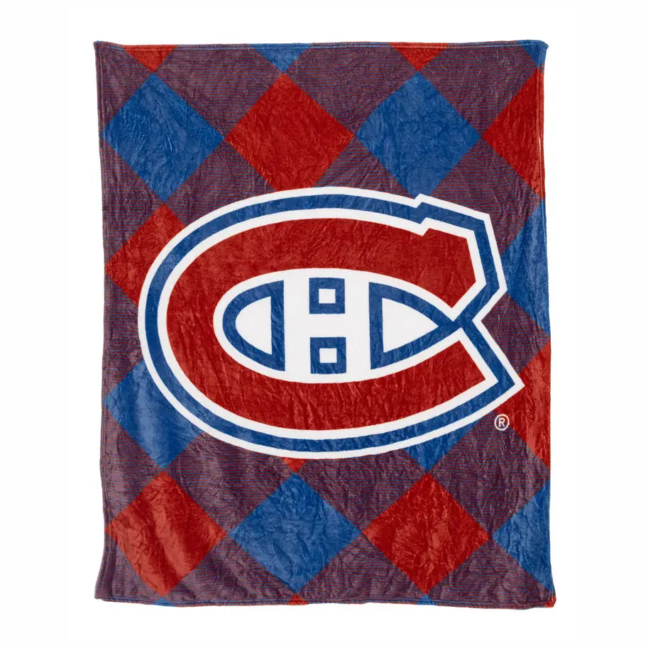 Doudou Canadiens de Montréal dépliée, motif à carreaux rouges et bleus avec grand logo CH