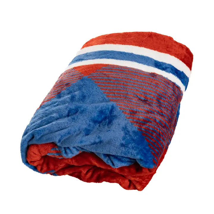 Doudou Canadiens de Montréal pliée montrant les rayures et le tissu rouge et bleu
