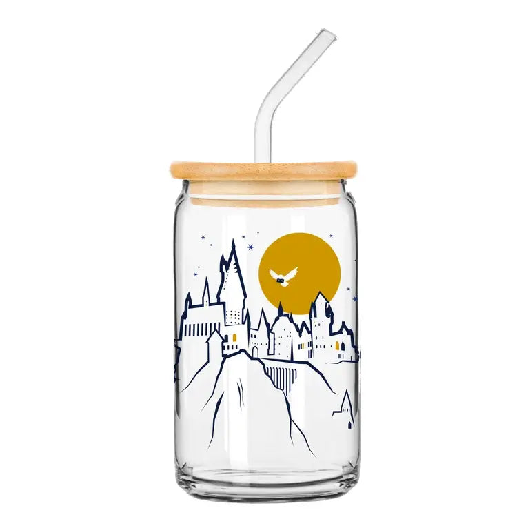 Gobelet en verre Harry Potter avec motif de Poudlard, lune dorée, couvercle et paille.
