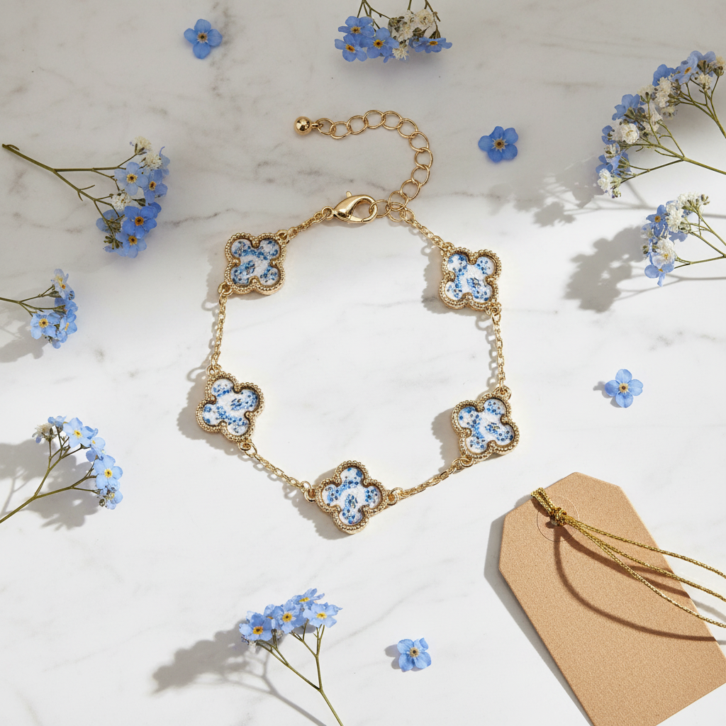 Flat lay bracelet trèfle floral bleu sur marbre blanc