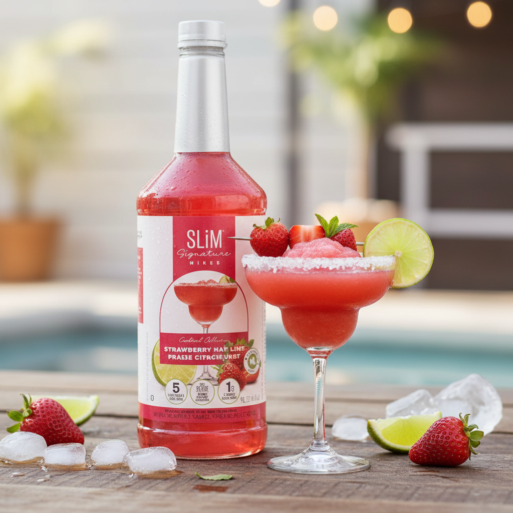 Sirop SLiM Margarita Fraise avec verre glacé bord salé et fraises fraîches, ambiance fête estivale