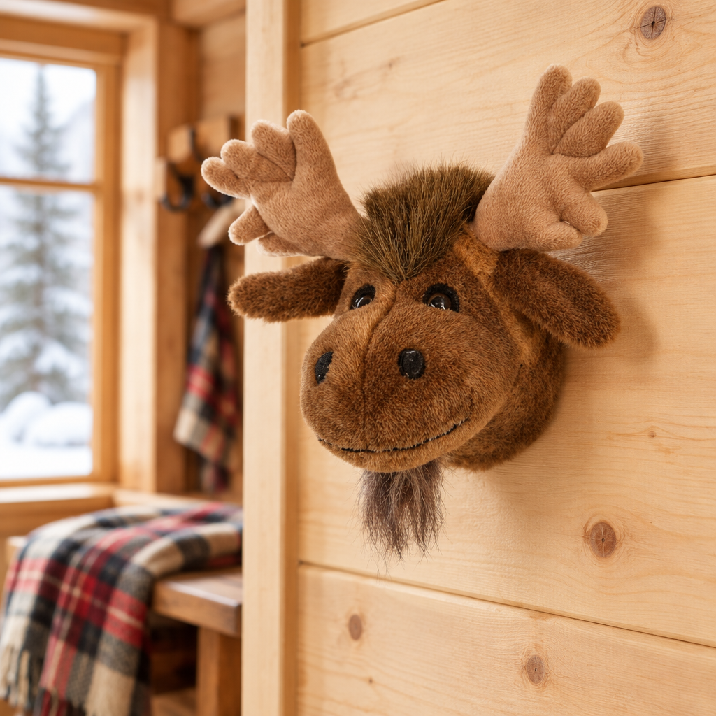 Petite tête d’orignal en peluche dans un décor chaleureux de chalet