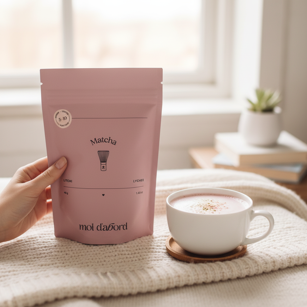 Mains tenant le sachet Matcha Litchi Moi d'abord avec un latte rose