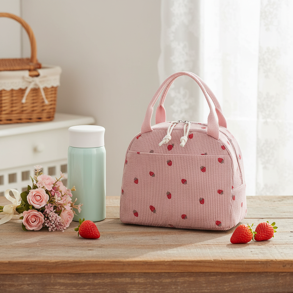 Sac à déjeuner velours côtelé rose fraises brodées Wandf sur table bois avec fleurs roses et thermos pastel