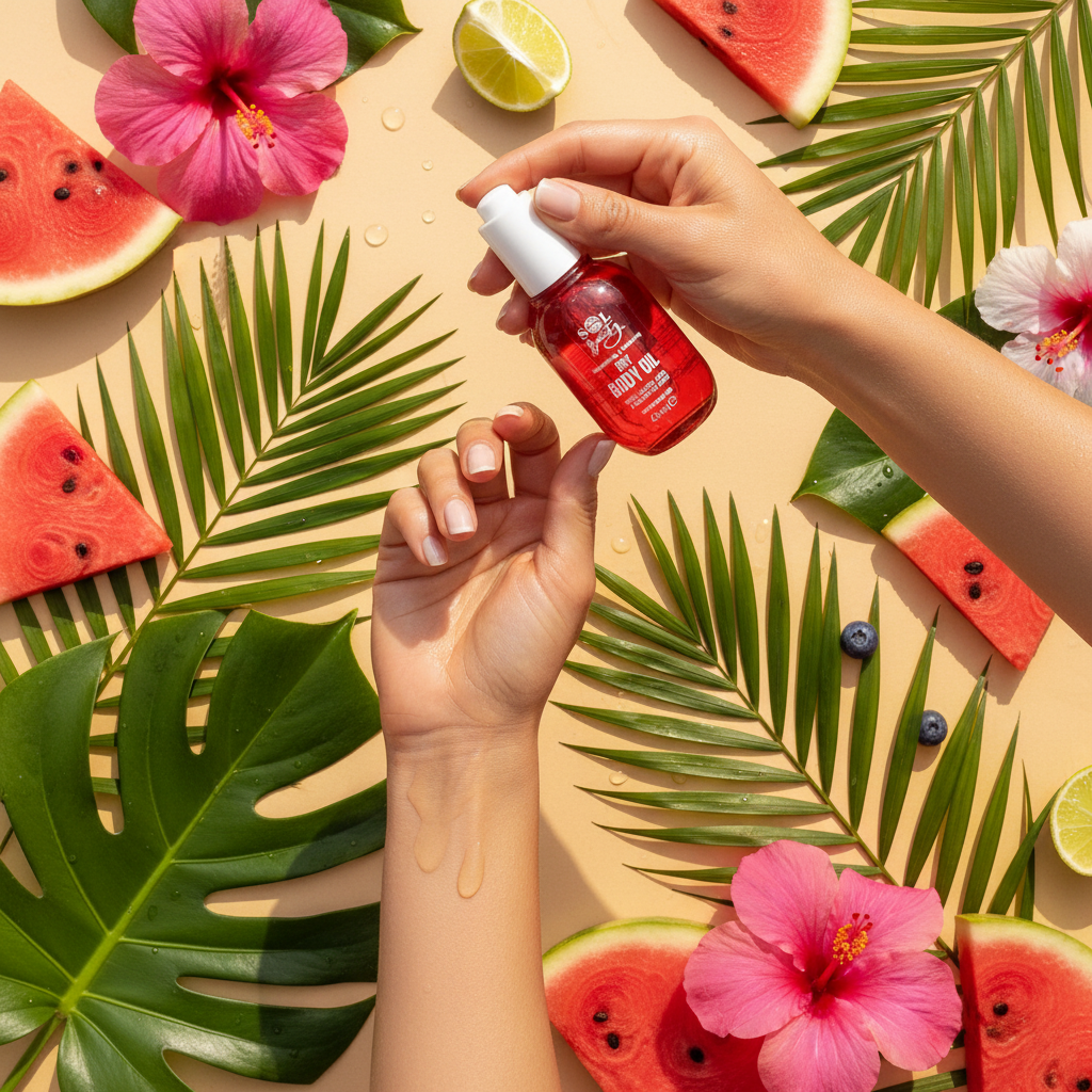 Huile sèche corps Sol Beauty Melon d’eau appliquée sur peau, ambiance estivale avec pastèque