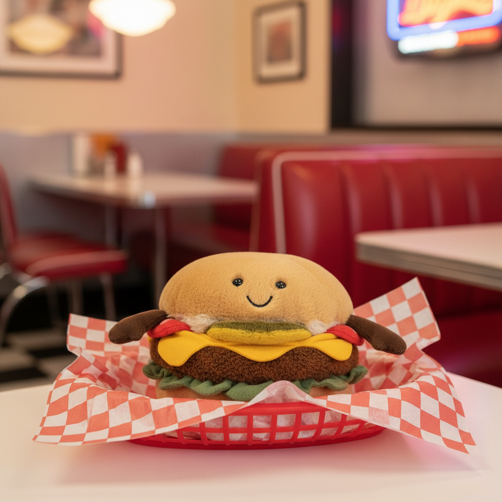 Jellycat Amuseable Hamburger — Peluche hamburger en ambiance casse-croûte rétro