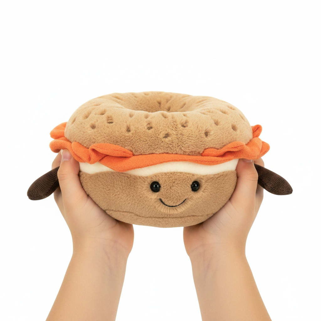 Enfant tenant la peluche Jellycat Amuseable Bagel au saumon