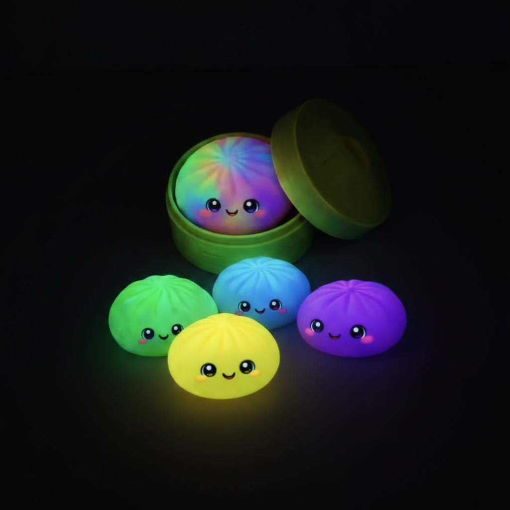 Dumplings peluche qui brillent dans le noir avec effet néon coloré sur fond sombre