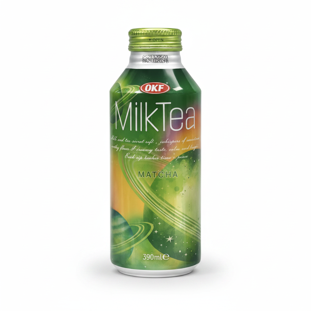 Canette OKF Milk Tea Matcha 390ml sur fond blanc