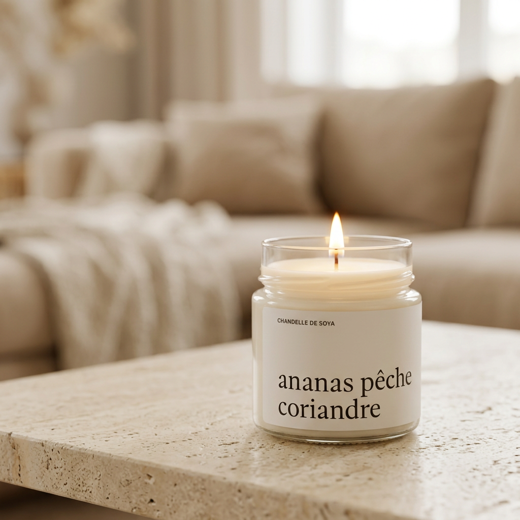 Chandelle de soya Ananas, pêche et coriandre Marée allumée dans un décor chaleureux