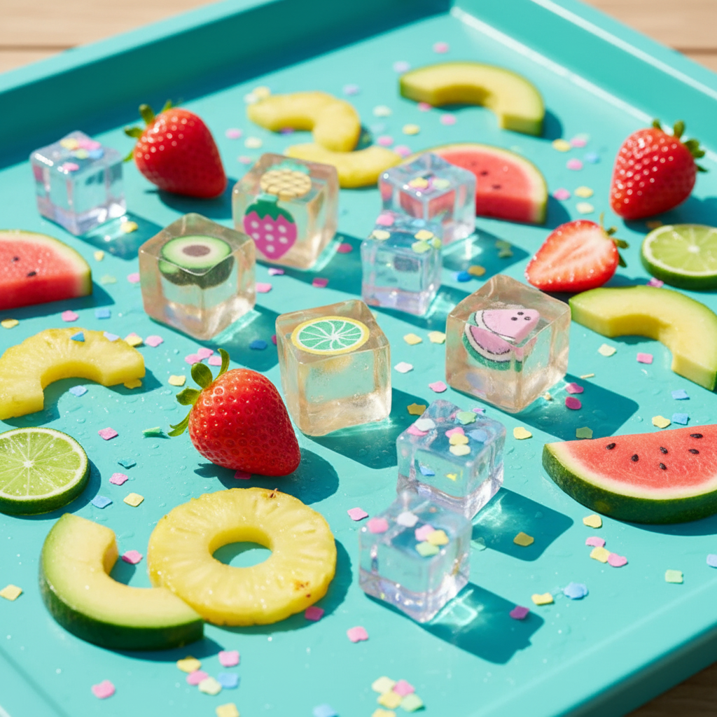 Cubes squishy glaçon fruités sur surface tropicale avec tranches de fruits réels et confettis colorés