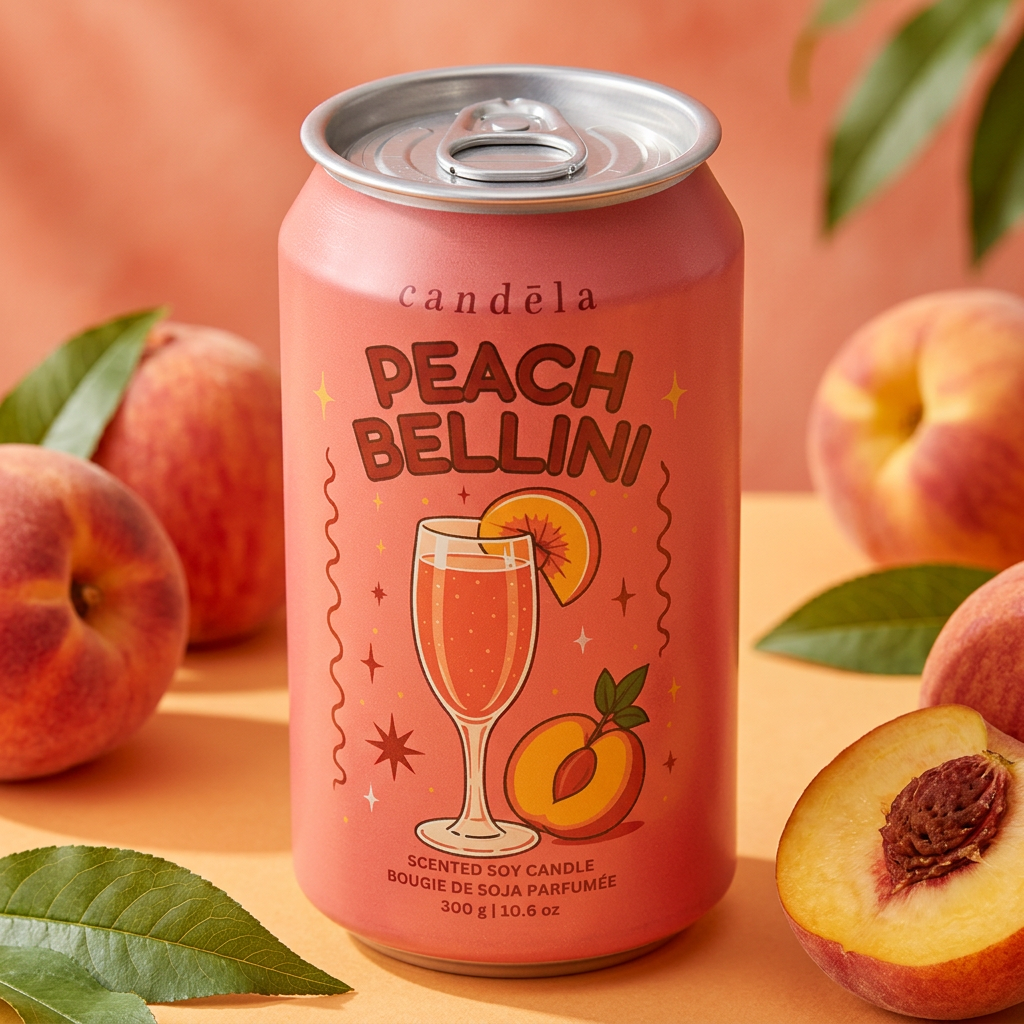 Bougie CANDÈLA Peach Bellini dans un décor estival abricot avec des pêches