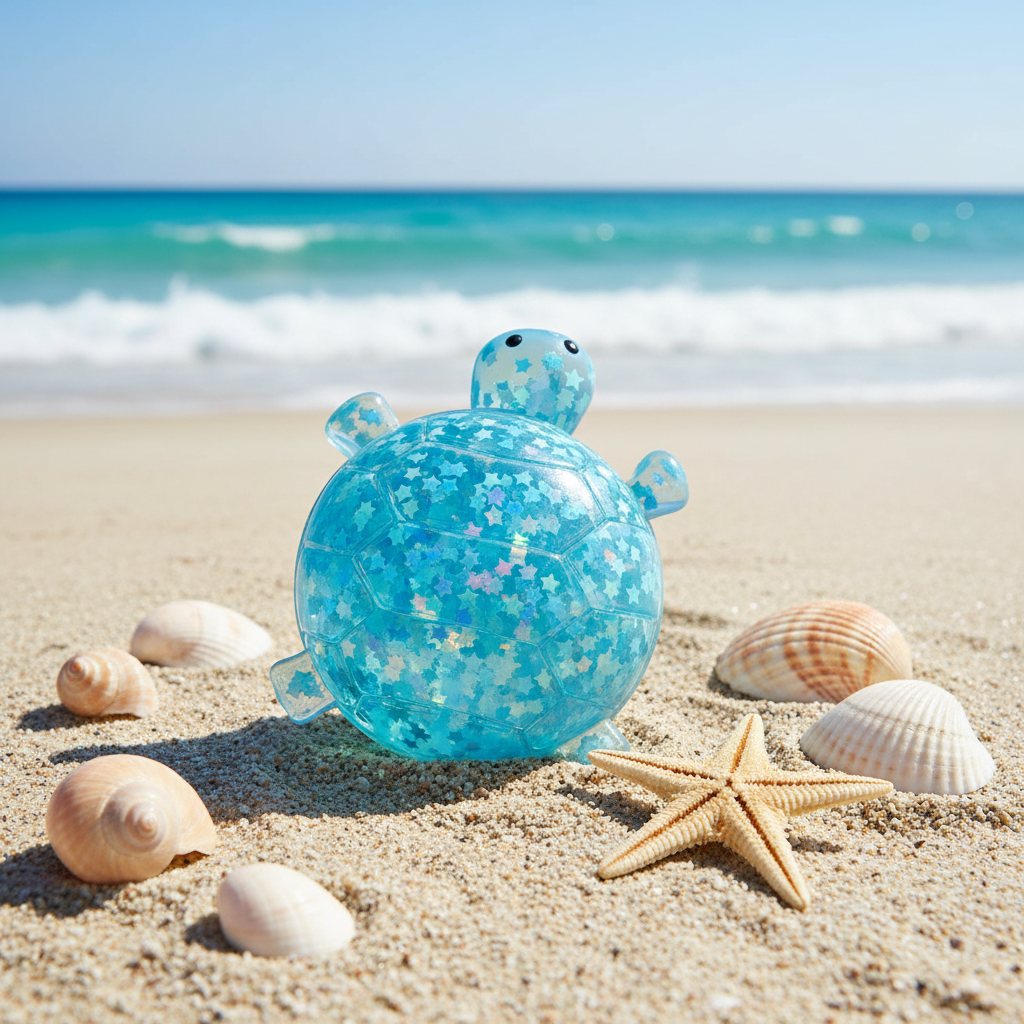 Jouet squishy tortue de mer bleu glitter sur sable de plage avec coquillages et étoiles de mer