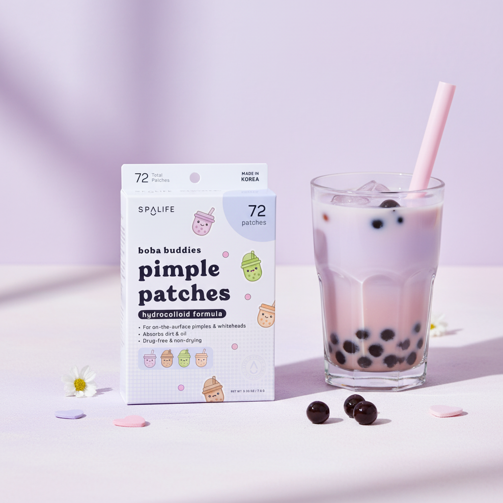 Boîte de patchs anti-boutons Boba Buddies dans une ambiance lifestyle pastel avec boba tea