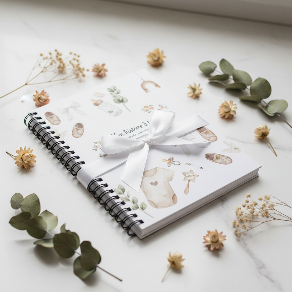 Journal bébé Ton Histoire à Toi emballé avec ruban blanc cadeau naissance