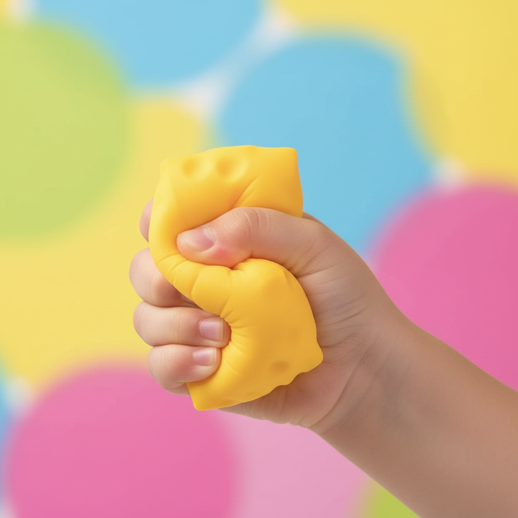 Main qui squeeze le jouet squishy cube fromage jaune