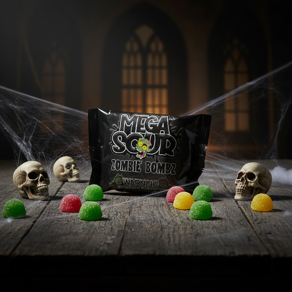 Mega Sour Zombie Bombz Barnett's 104g sur table Halloween sombre avec toiles d'araignée et décorations de crânes