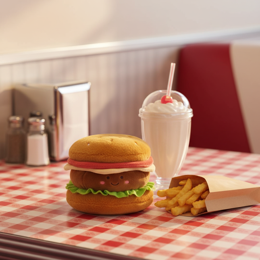 Peluche burger kawaii Joe Tan Mon Ami sur table à carreaux rouge et blanc avec frites et milkshake ambiance diner rétro