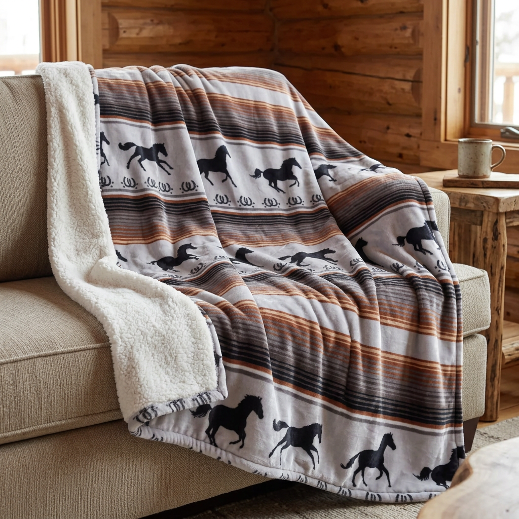 Couverture Wrangler Black Stallion déployée sur un divan au chalet