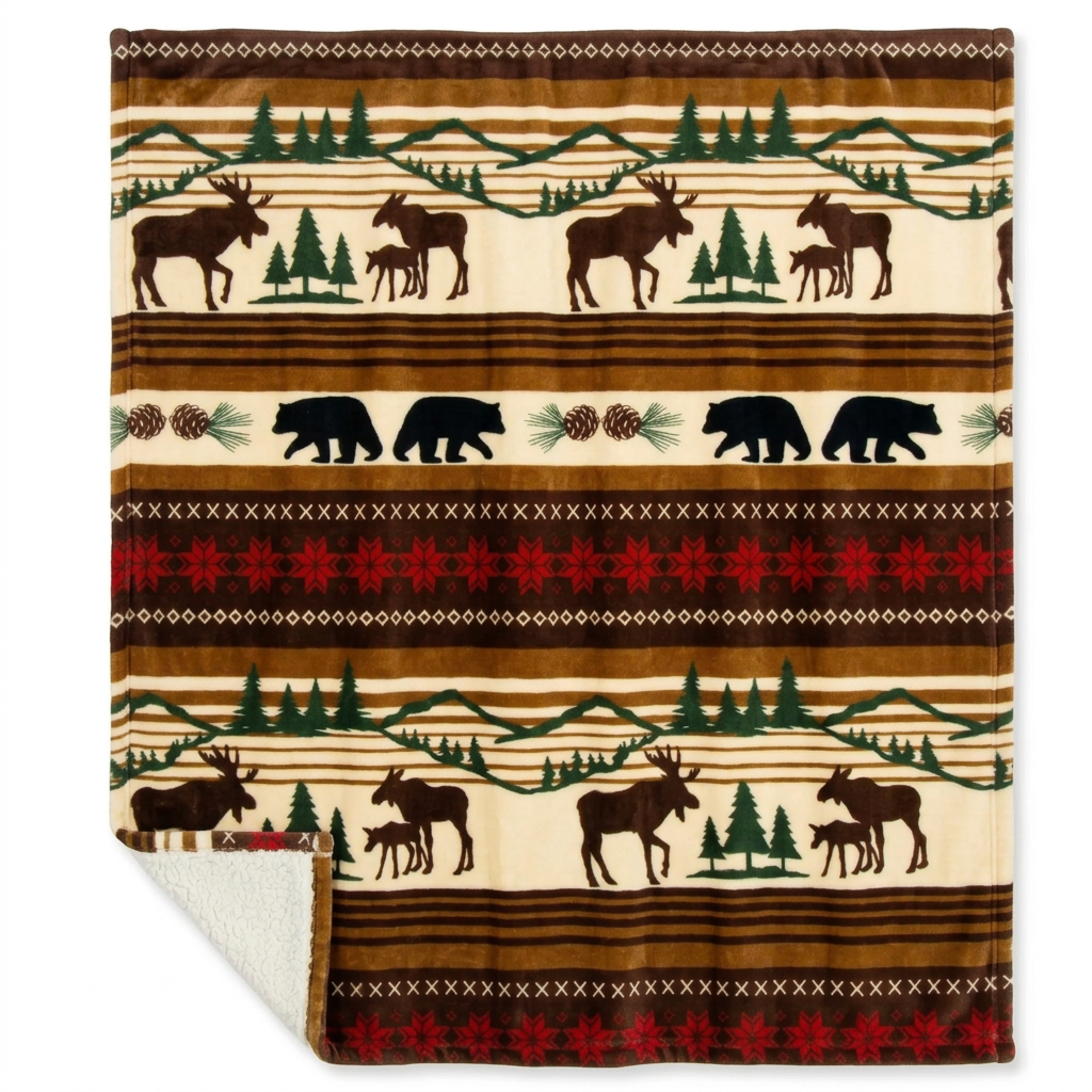 Couverture Hinterland à motifs d’ours, d’orignaux et de sapins sur fond blanc