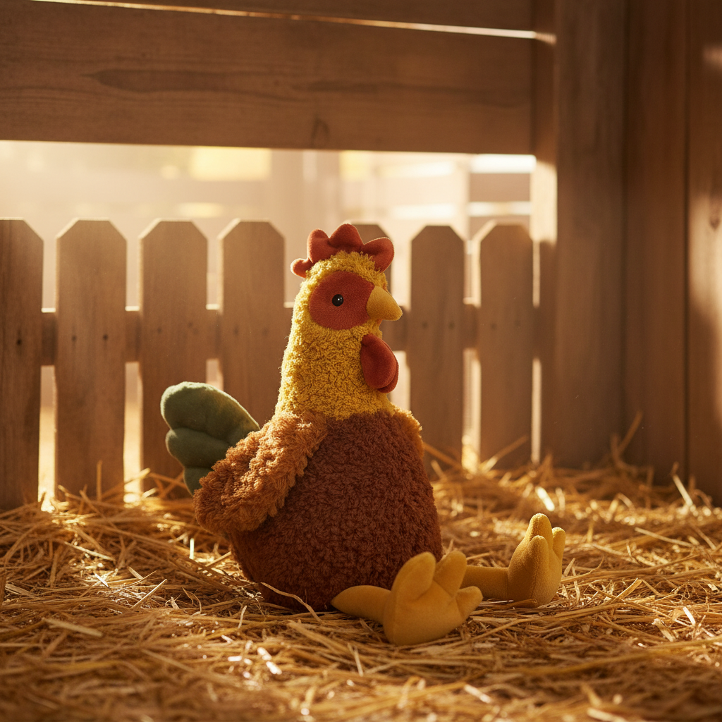 Poule Renault multicolore peluche Mon Ami dans un enclos rustique avec paille et clôture en bois