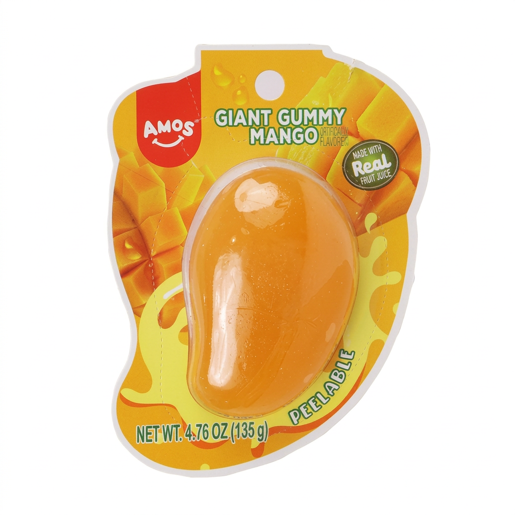Bonbon gélifié géant pelable AMOS à la mangue, 135 g, dans son emballage sur fond blanc.