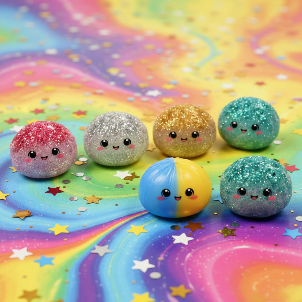 Mystery Squishy Dumplings métalliques glitter colorés sur surface festive avec confettis et étoiles