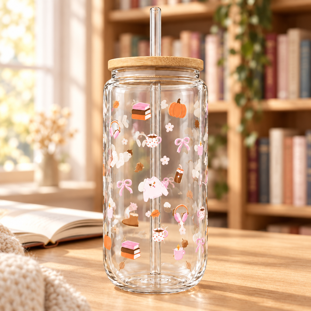 Verre de 16 oz avec paille et motif automnal dans une ambiance librairie chaleureuse