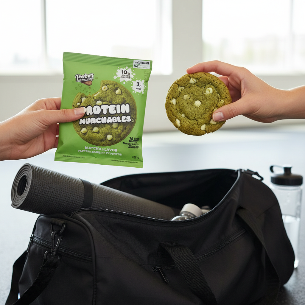 Biscuit matcha Protein Munchables tenu par une main dans un contexte sportif actif