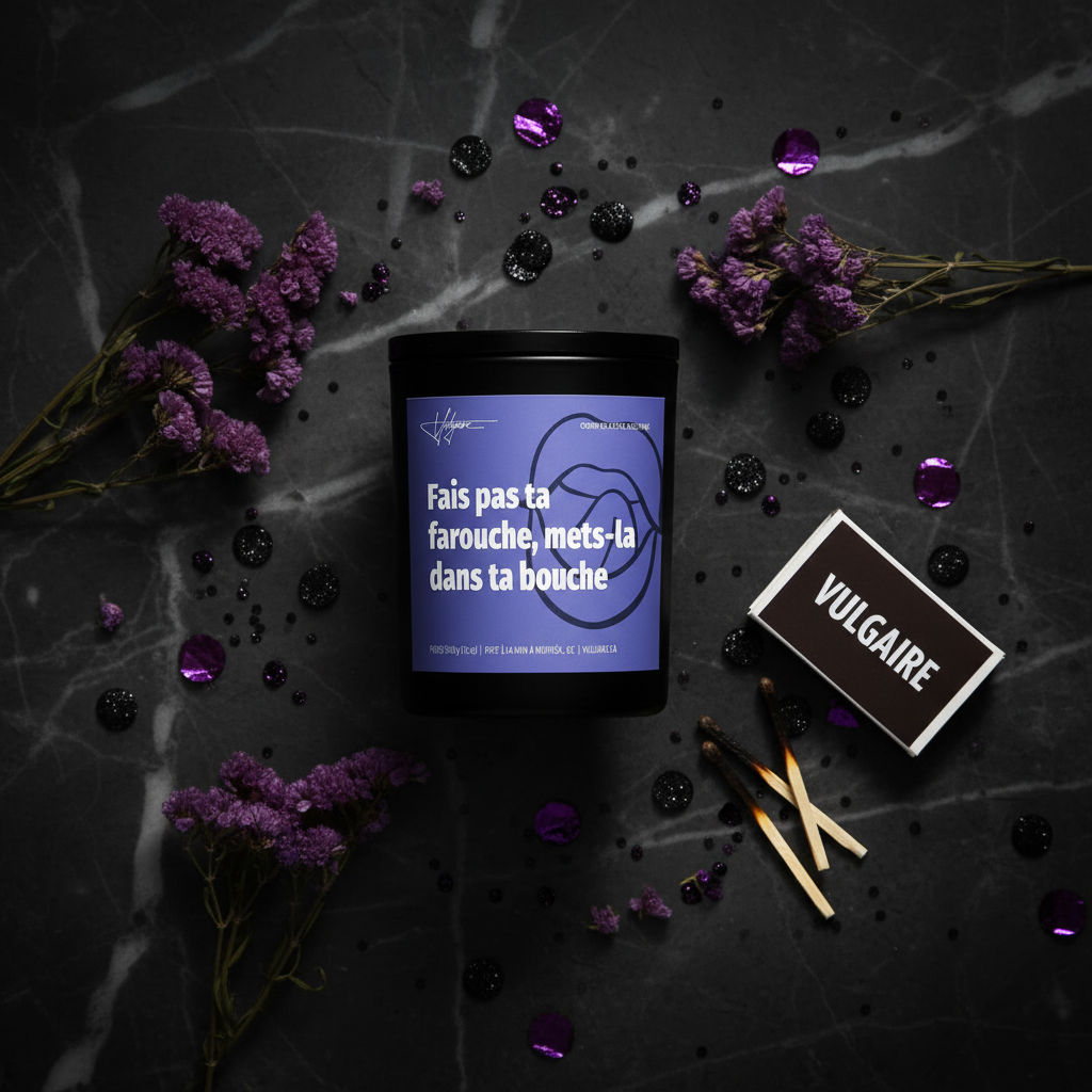 Bougie Vulgaire Fais pas ta farouche flat lay marbre sombre avec fleurs mauves