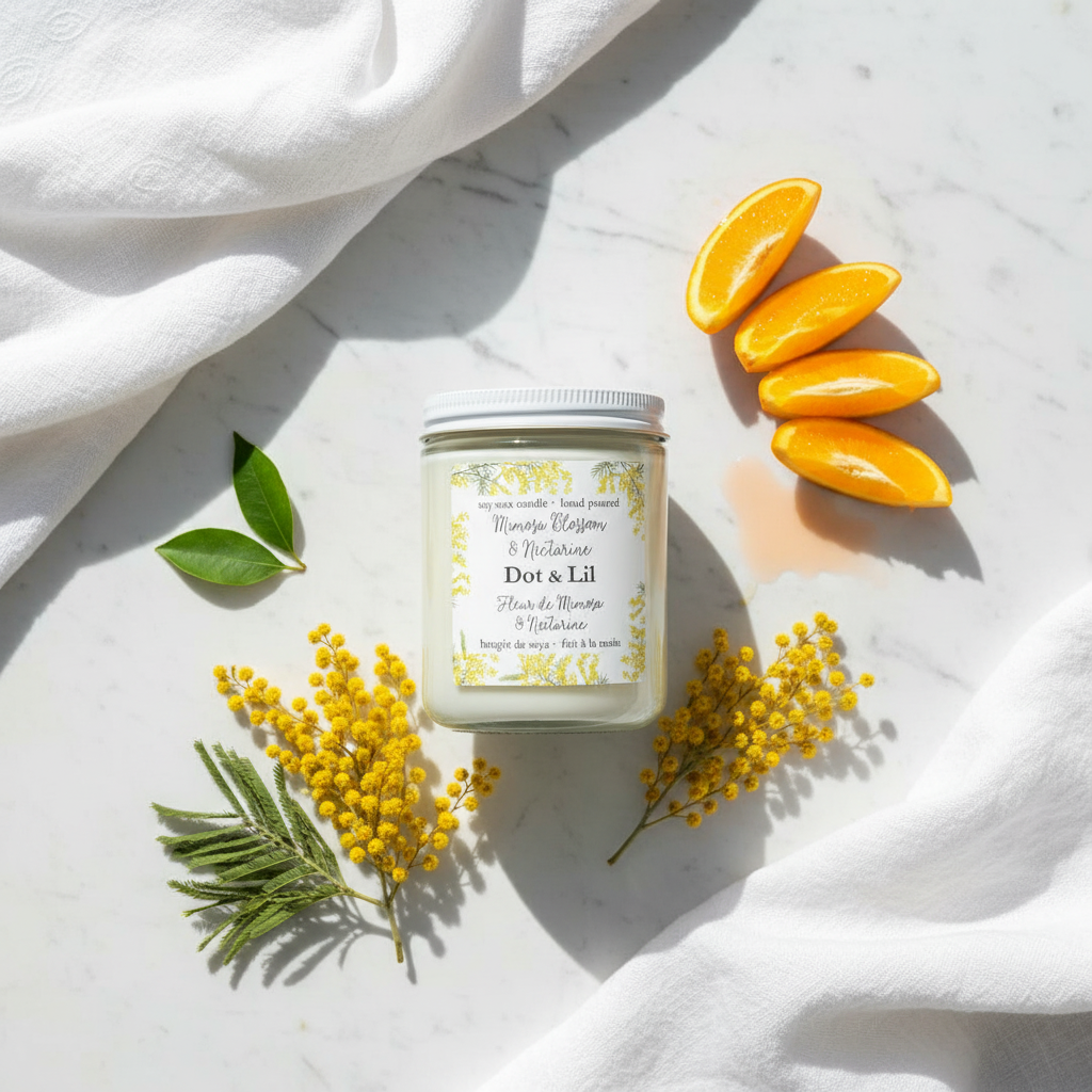 Bougie de soya Mimosa Nectarine Dot & Lil flat lay minimaliste