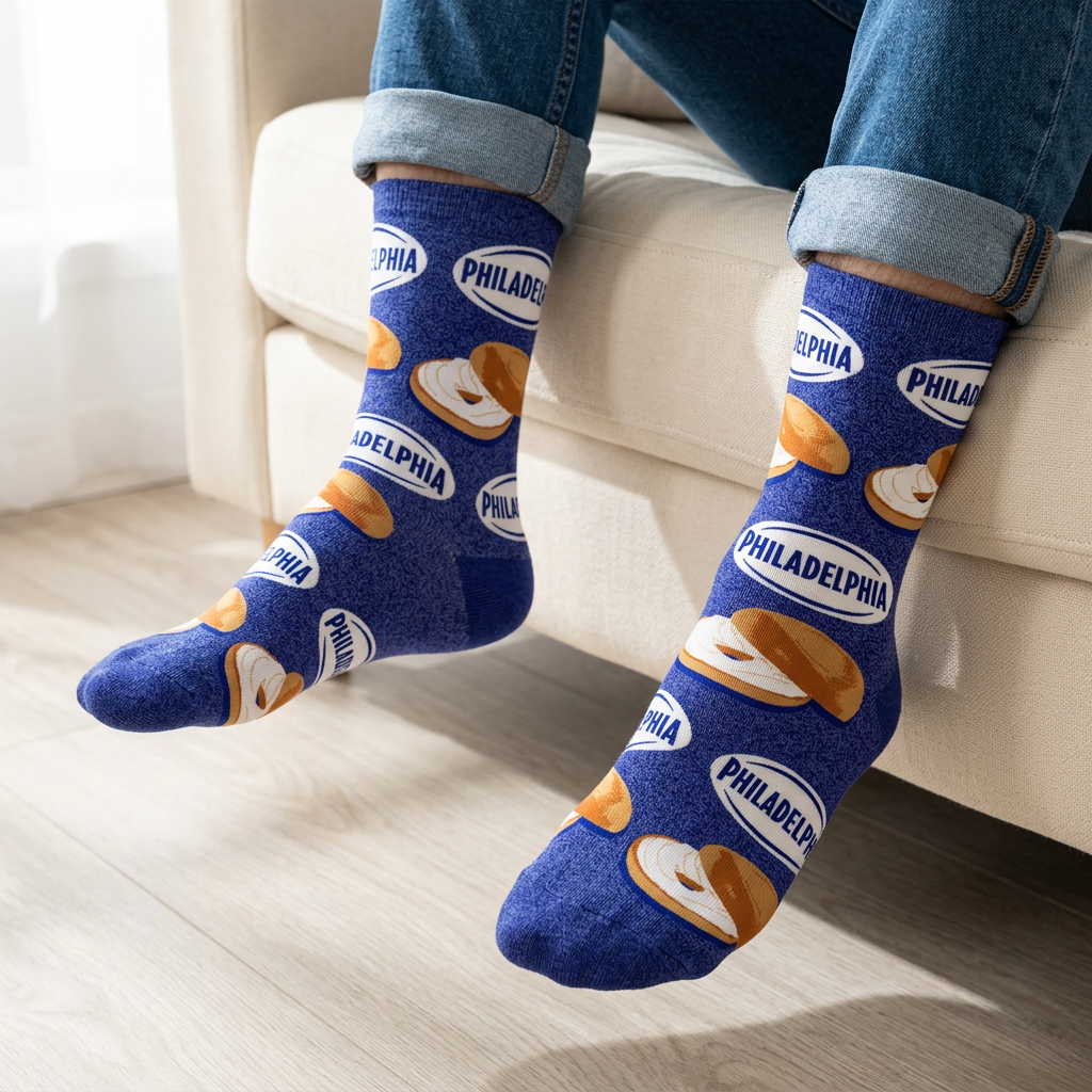 Homme en jeans portant les bas Philadelphia bleus à motifs de bagels dans un salon lumineux.