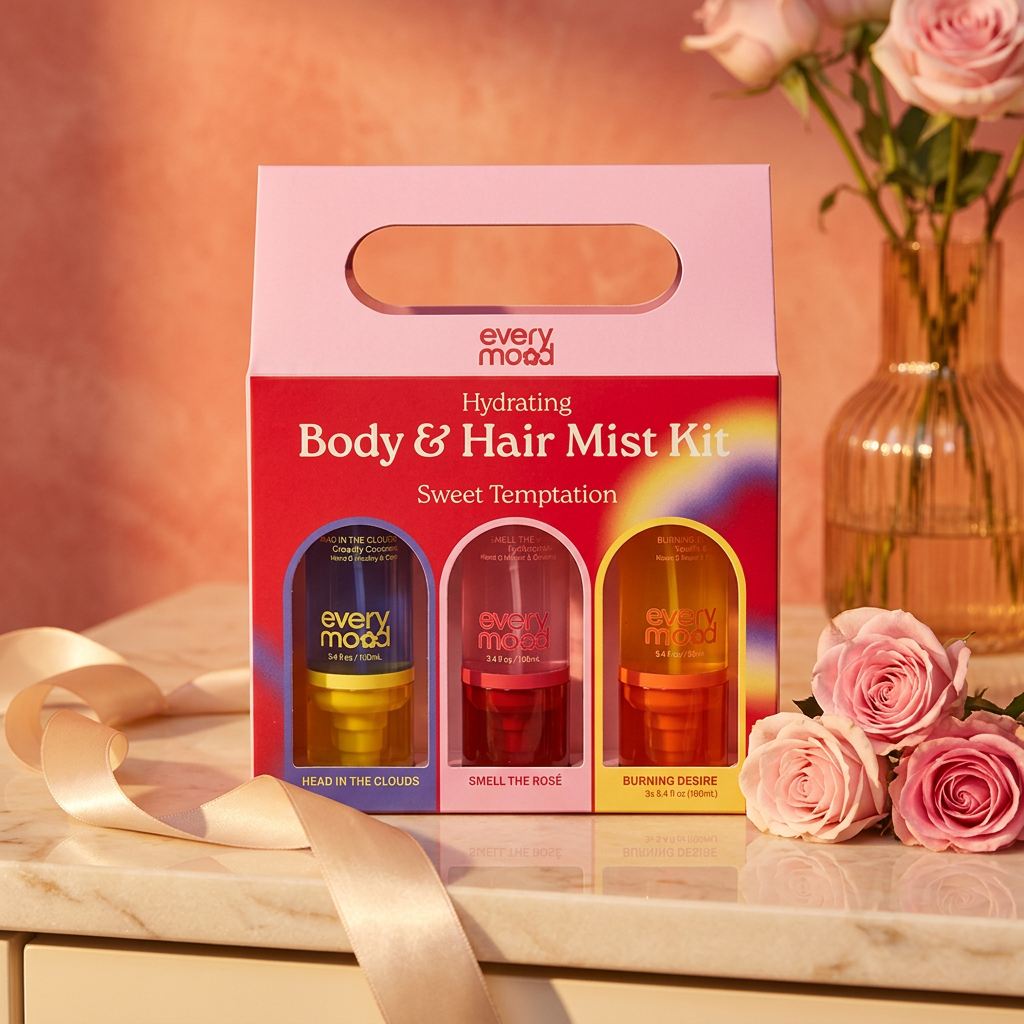 Coffret Everymood Sweet Temptation dans un décor beauté chaleureux avec roses et ruban satiné.
