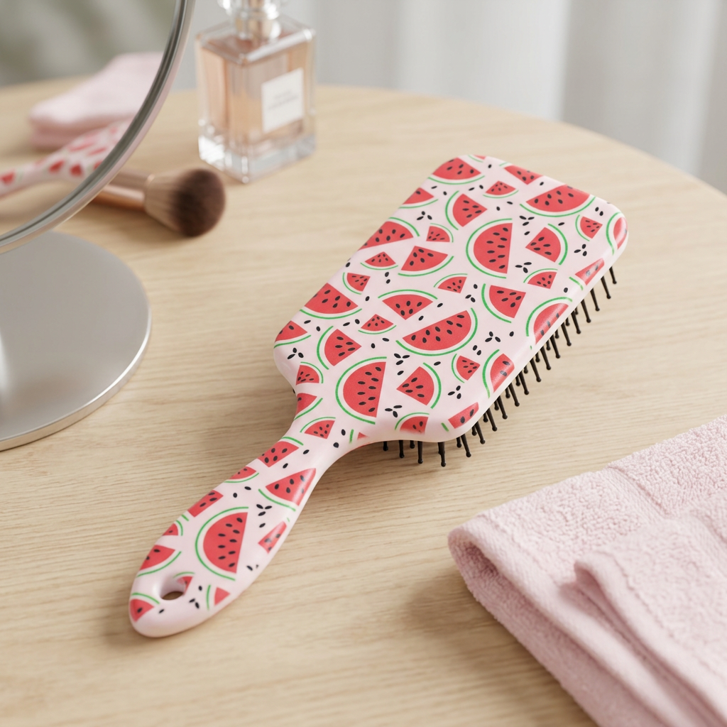 Grande brosse Josslyn à motifs de melon d’eau sur une coiffeuse lumineuse